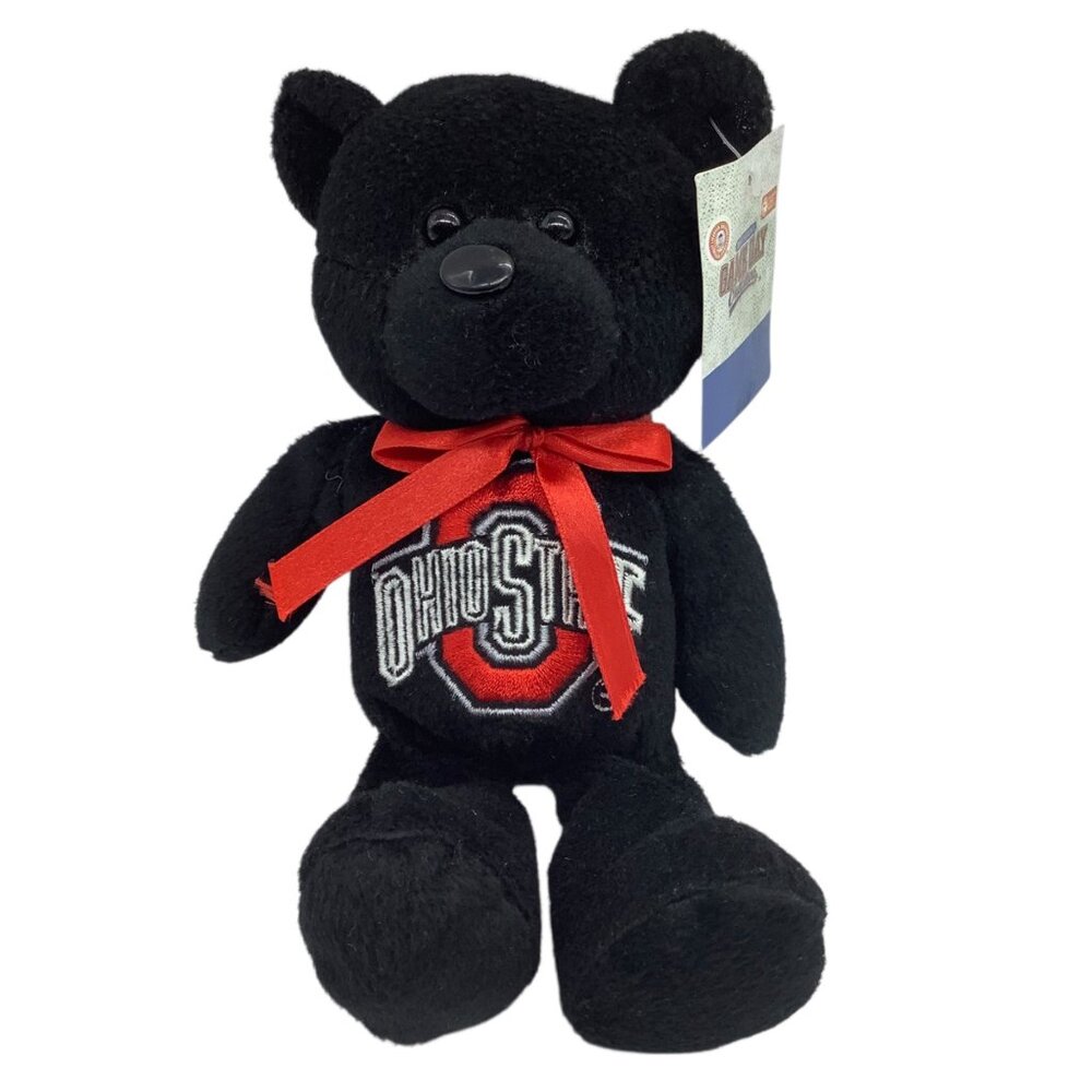 NCAA The Ohio State Buckeyes‎ Black Plush Stuffed Animal Bear Red Bow 9” NEW